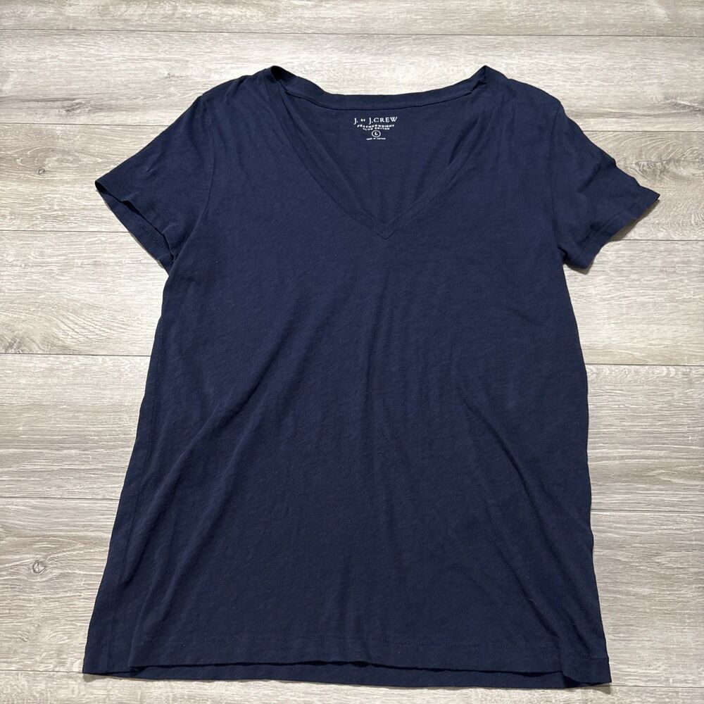 J. by J. CREW Featherweight Slub Cotton V Neck SS T Shirt Navy Women's Large